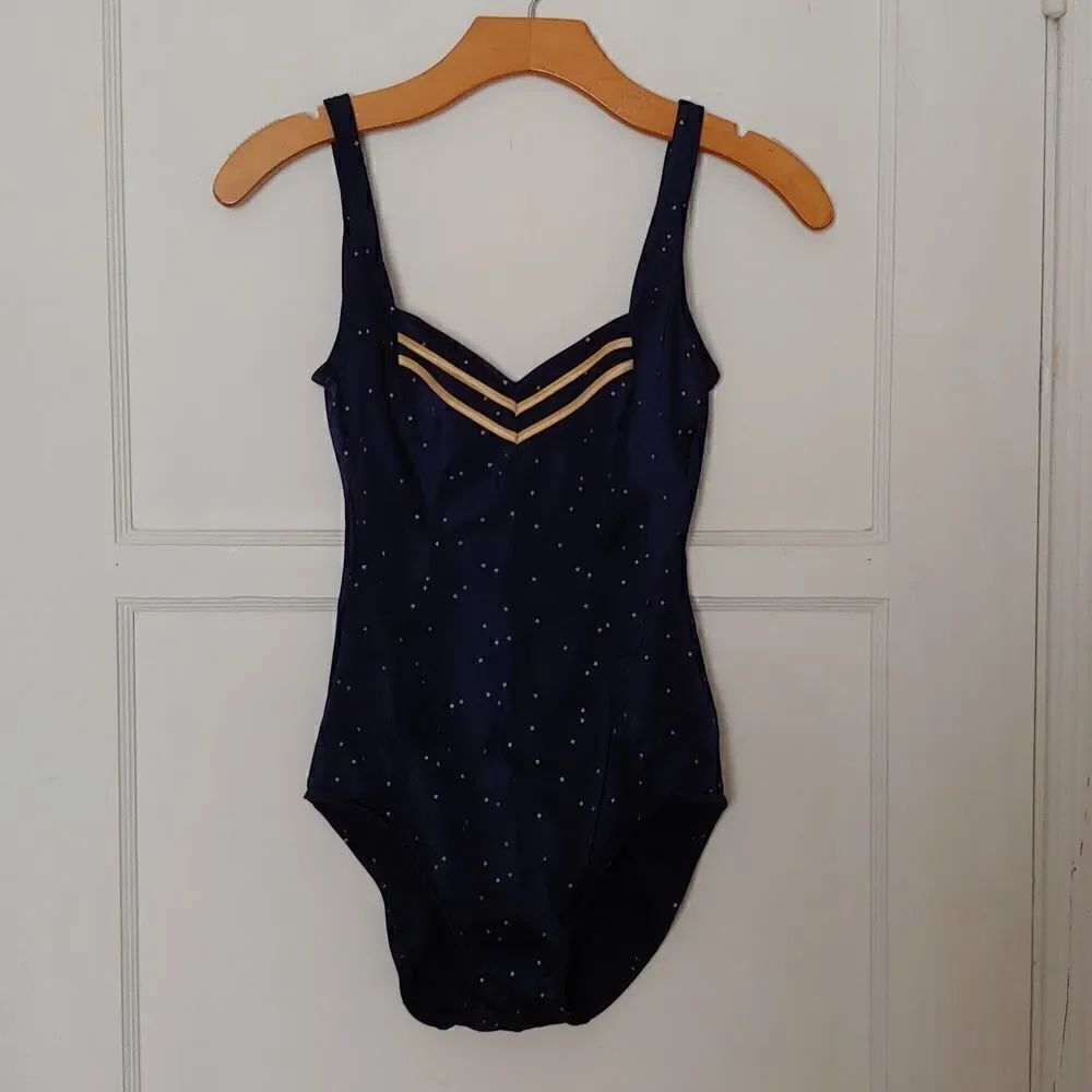 Vintage Longitude Women's One Piece Bathing Suit Navy with Gold Stars 8 Tall